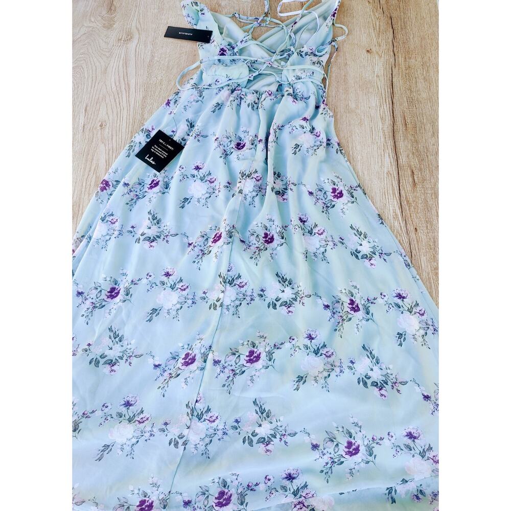 New Lulus Dress Womens Size XS Blue Floral Chiffon Wrap Maxi Ruffle Cottagecore - Picture 3 of 3